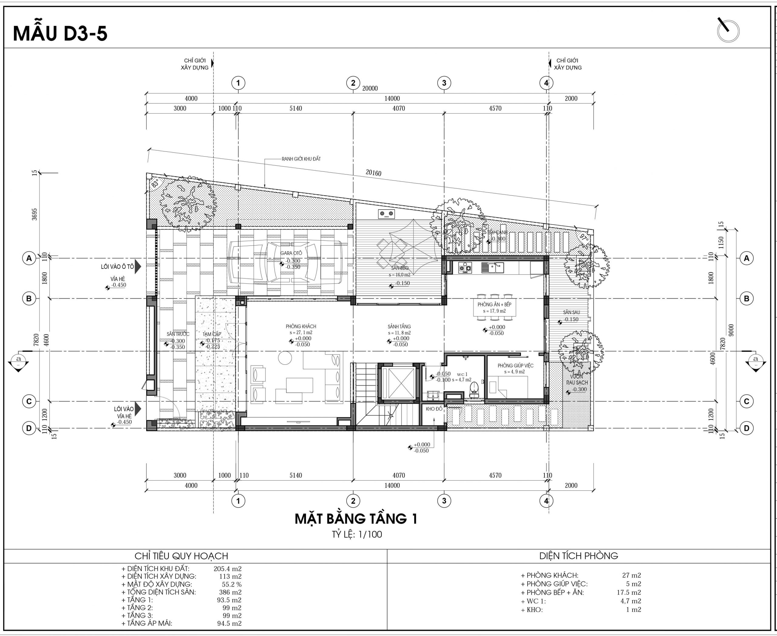 Thiết kế biệt thự An Vượng Villa mẫu D3-5 diện tích 205.4m2 tầng 1