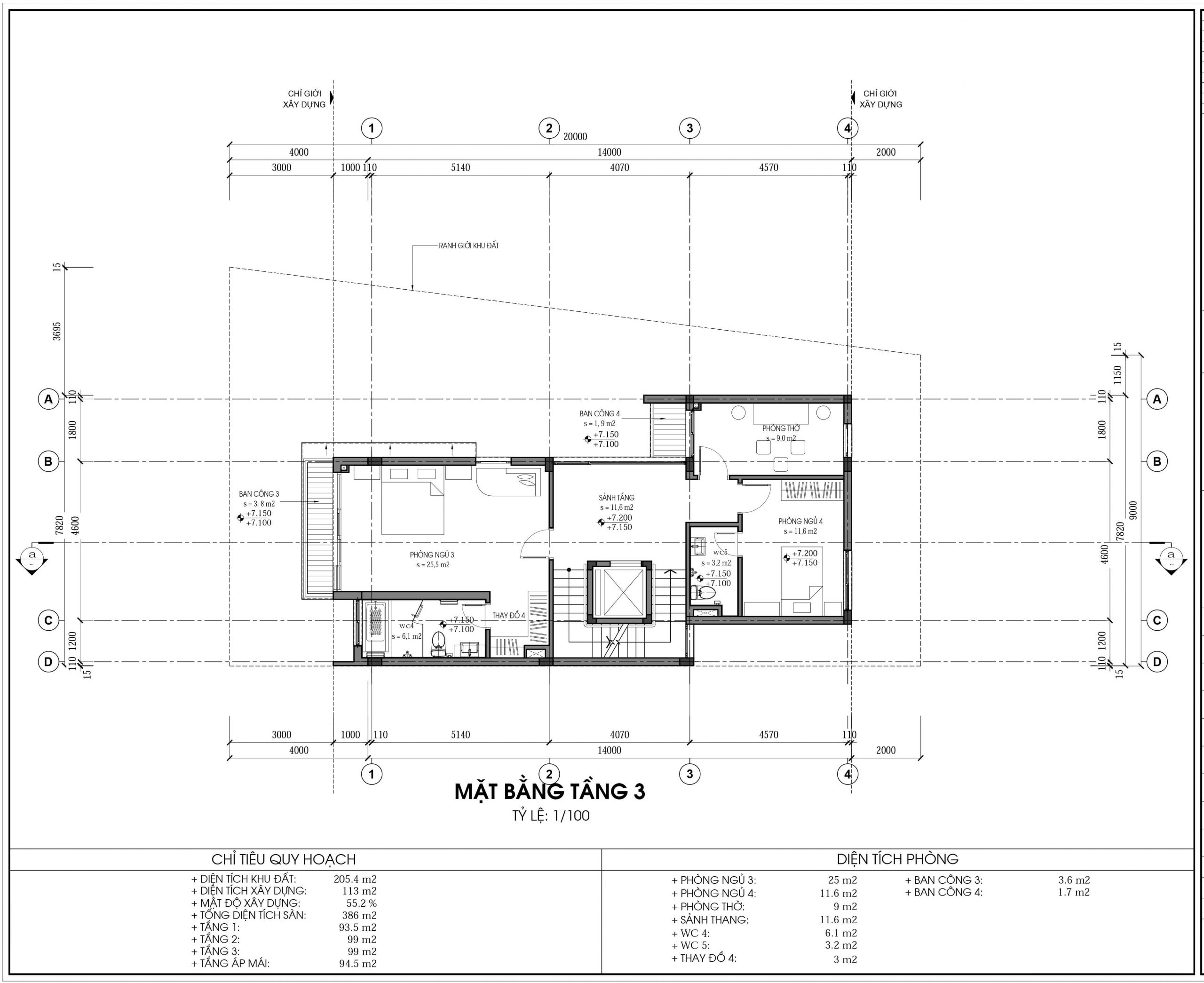 Thiết kế biệt thự An Vượng Villa mẫu D3-5 diện tích 205.4m2 tầng 3